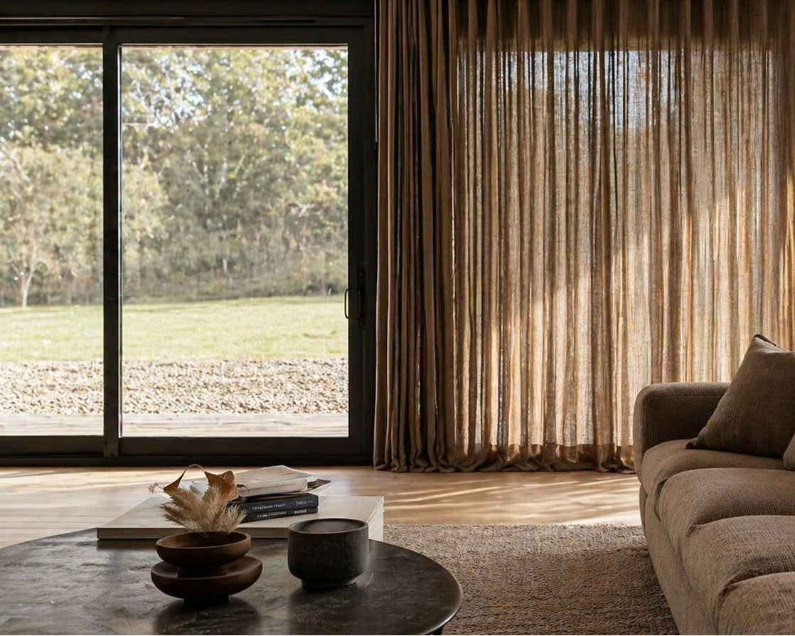 Modern living room with a large window, curtains, and a sofa.