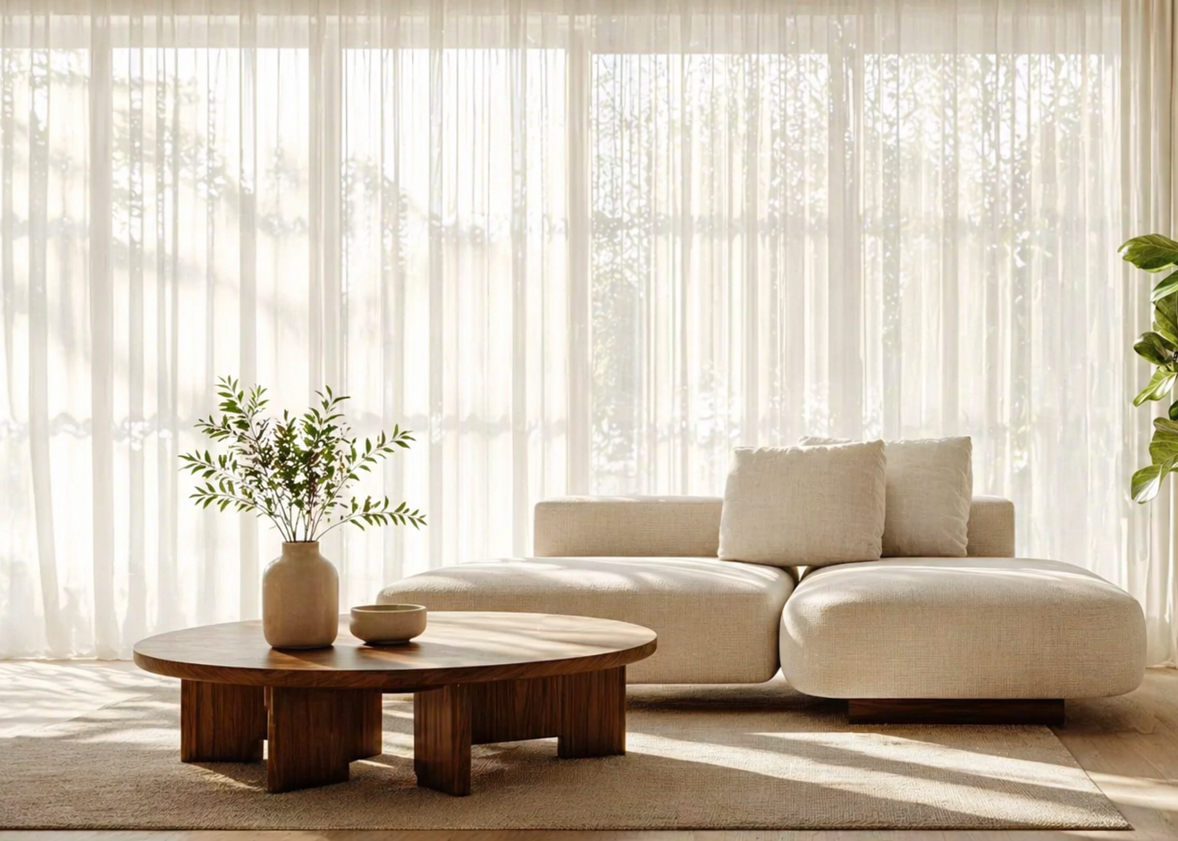 Modern living room with a beige sectional sofa, wooden coffee table, and potted plants.